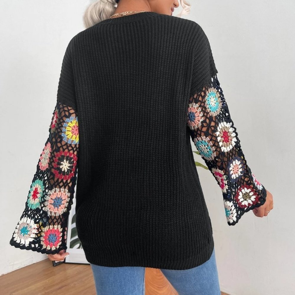 Black Casual Womens Floral Pattern Drop Shoulder Open Knit Sweater - Picture 2 of 4
